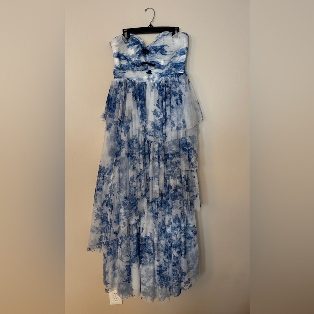Strapless Blue Floral Layered Maxi Dress size 14